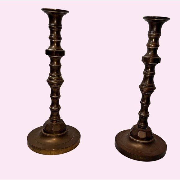 10.5' heavy Antique Brass Candlestick Holders Set Of Two Vintage Decor - Picture 2 of 8